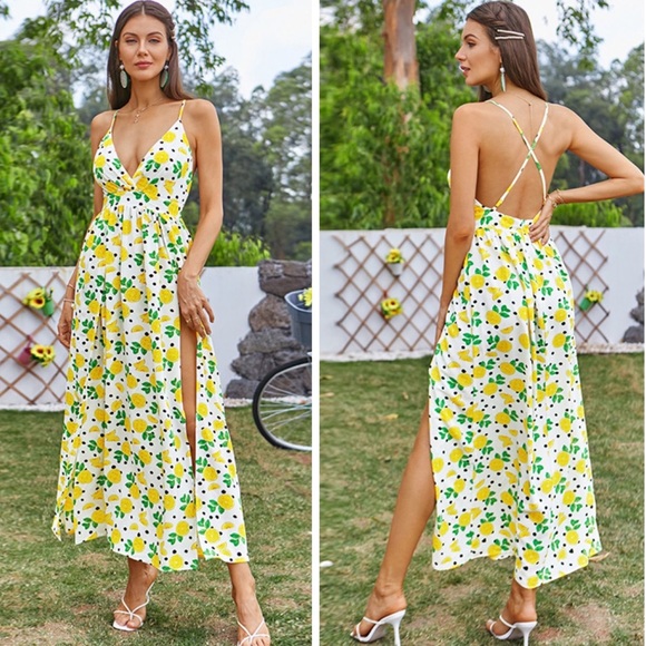 Fruit Print Spaghetti Strap Split Maxi Dress - Picture 2 of 3